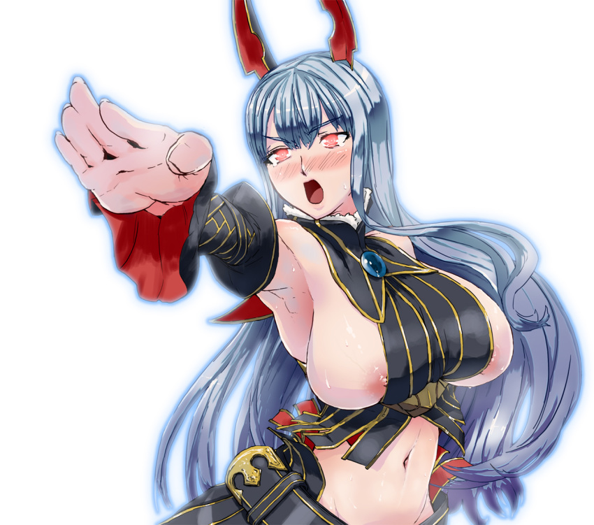 1girls aliasse_(cosplay) areolae armpits blush breasts bursting_breasts clothing cosplay female ginga_cosmo huge_breasts large_breasts long_hair navel nipple_slip nipples red_eyes selvaria_bles silver_hair solo valkyria_chronicles valkyria_chronicles_1 valkyria_chronicles_2