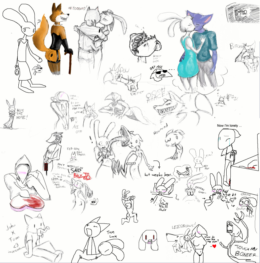 ace_(rq) anthro blush breasts clothing daisy_(rq) english_text female from_behind furry heart kissing looking_back male multiple_images raised_tail red_(rq) ruby_(rq) ruby_quest rule_63 sketch sketch_page stitches_(rq) teadog text tom_(rq) white_background