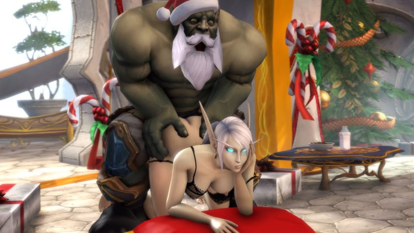 1boy 1girls all_fours ambiguous_penetration areolae big_breasts blizzard_entertainment blood_elf blood_elf_death_knight blue_eyes breasts breasts_out earrings female female_penetrated horde_(warcraft) lingerie male male_penetrating nipples noname55 orc orc_(warcraft) orc_male white_hair world_of_warcraft