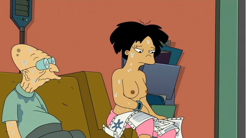 1girls accurate_art_style amy_wong artist_request asian female futurama hourglass_figure hubert_j_farnsworth human screencap screenshot screenshot_edit sweat tagme topless