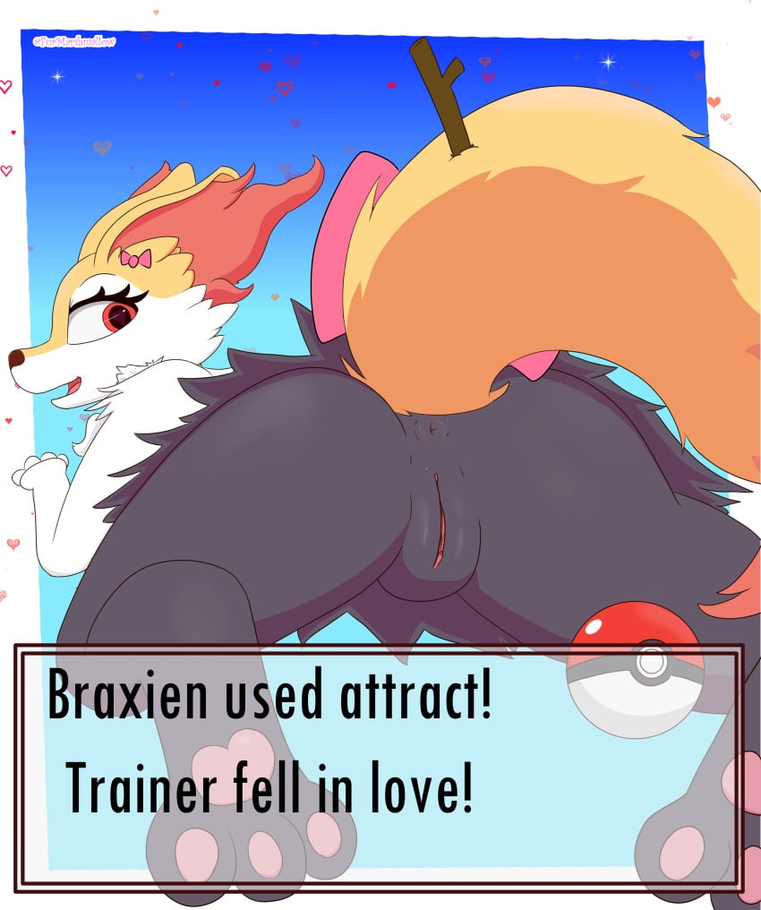 absurd_res anthro anus artmarshmallow ass attract_(pokemon_move) braixen english_text female feral fur furry furry_only gameplay_mechanics genitals heart hi_res looking_back mammal naked nintendo nude pokémon_(species) pokemon pokemon_(species) pokemon_battle pussy rear_view solo straight tail text video_games