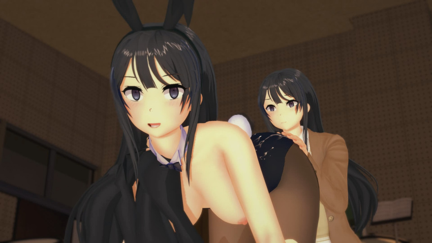 16:9 1futa 1girls 3d after_sex all_fours black_hair blush bunny_ears bunny_girl bunny_tail bunnysuit cum_on_clothes dark_eyes dark_hair duo female futa_on_female futanari happy implied_futanari indoors kneeling koikatsu koikatu_center light-skinned_female light-skinned_futanari light_skin long_hair looking_at_partner looking_at_viewer looking_pleasured open_eyes open_mouth pantyhose partially_clothed room sakurajima_mai seishun_buta_yarou_wa_bunny_girl_senpai_no_yume_wo_minai selfcest teenager