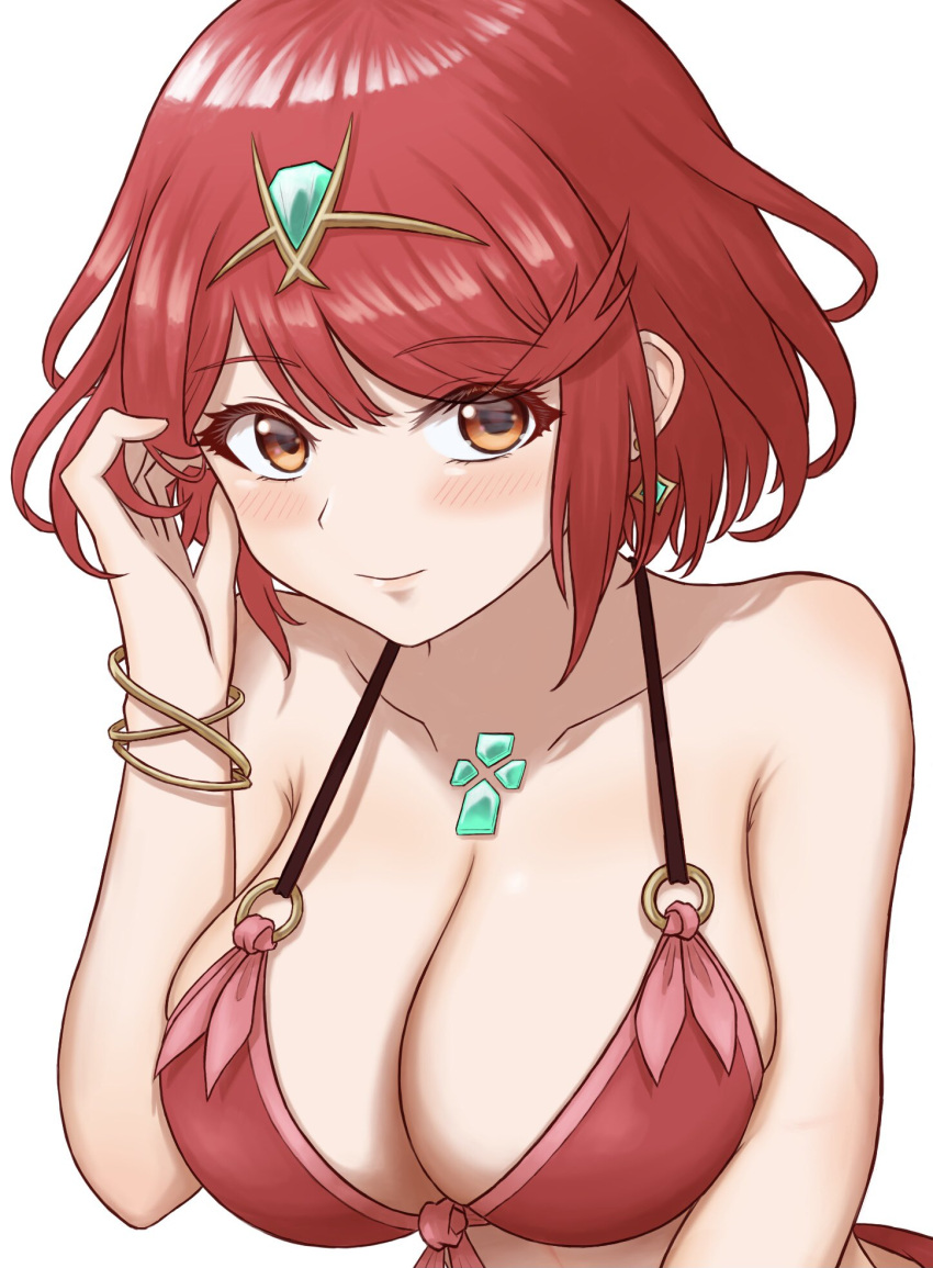 1girls alternate_costume bent_over bikini breasts ear_piercing female female_only huge_breasts light-skinned_female light_skin lipstick looking_at_viewer nintendo orange_eyes pyra red_hair short_hair solo swimsuit taro_(artist) upper_body white_background xenoblade_(series) xenoblade_chronicles_2