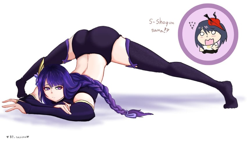 ass ass_up bent_over big_ass braid bt.sasina flower genshin_impact gradient_hair gym_shorts hair_ornament jack-o_pose jackochallenge kujou_sara mask presenting purple_eyes purple_hair raiden_shogun tengu_mask thick_thighs thighhighs thighs