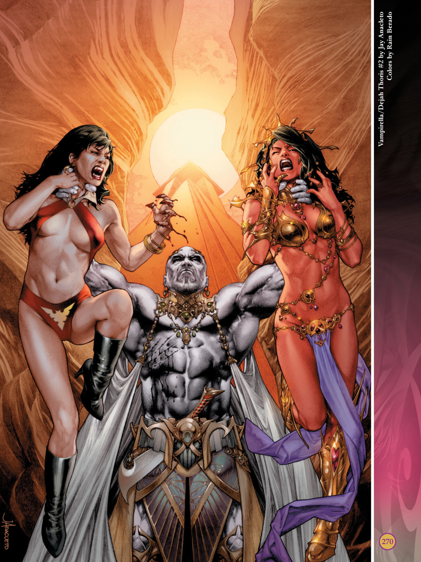 1boy 2girls a_princess_of_mars abs bald barsoom black_hair blood boots crossover dejah_thoris fit_female grabbed_from_behind held_up jay_anacleto john_carter_of_mars large_breasts loincloth long_hair martian medium_breasts muscular_male neck_grab official_art pink_skin rain_beredo revealing_clothes royalty vampire vampirella voluptuous white_skin