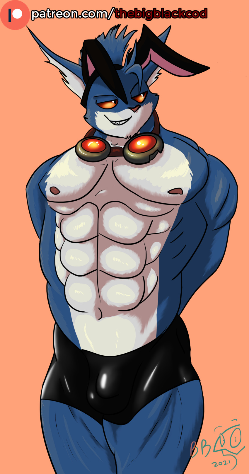 2021 abs alternate_version_at_source anthro_only arms_behind_back balls_outline bara big_abs big_muscles big_pecs big_quads black_bottomwear black_clothing black_shorts blue_ears blue_fur blue_hair brown_eyes bulge bunny_costume cheek_tuft chin_tuft colored deltoids digital_drawing_(artwork) digital_media_(artwork) ears_up front_view glistening_clothing goggles goggles_around_neck half-closed_eyes hands_behind_back huge_muscles huge_pecs inner_ear_fluff league_of_legends leather legs_together light logo long_hair looking_at_another looking_to_the_side male male_only mammal manly mohawk muscles muscular muscular_anthro muscular_male navel nipples nose obliques open_smile orange_background patreon patreon_logo patreon_url patreon_username penis_outline pink_nipples pink_nose pose quads riot_games rumble_(lol) serratus_anterior shaded short_shorts shorts signature simple_background skimpy small_bulge smile smirk solo solo_male standing thebigblackcod three-quarter_portrait tight_clothing toony topless topless_male two_tone_fur video_games white_fur white_inner_ear yordle