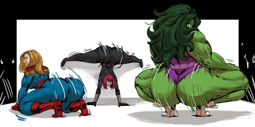 3girls all_fours ass ass_shake avengers big_ass big_hair black_bodysuit black_widow_(marvel) blonde_hair bodysuit bubble_ass bubble_butt captain_marvel carol_danvers commission competing fat_ass female female_only giant_ass green-skinned_female green_hair green_skin handstand huge_ass huge_breasts hulk_(series) leotard long_hair looking_at_viewer marvel marvel_comics motion_lines multiple_girls muscles muscular muscular_female natasha_romanoff red_hair redblacktac she-hulk smile squatting superheroine thick_thighs twerking