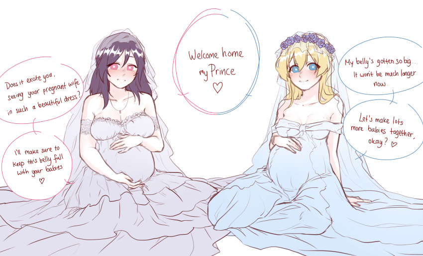 2girls blonde_hair blue_eyes bridal_veil bride dialogue dress fault_milestone female flower_crown flower_in_hair flowers gown hands_on_stomach holding_belly impregnation_request looking_at_viewer married multiple_girls multiple_pregnancies pink_eyes pregnant purple_hair ritona_reighnvhasta selphine_rughzenhaide sitting speech_bubble text veil wedding_dress wedding_veil white_dress wholesome wife_and_wife wives