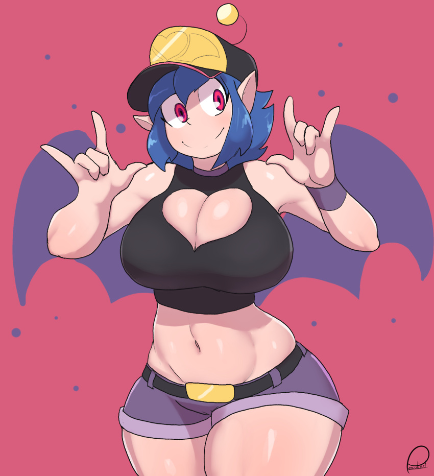 belt big_breasts blue_hair breasts cap cleavage cleavage_cutout emi emi_(character) emi_(twistedgrim) female female_focus female_only gesture hat navel original original_character peculiart pink_eyes pointy_ears short_hair short_shorts smile thick_thighs thighs twistedgrim wide_hips wings