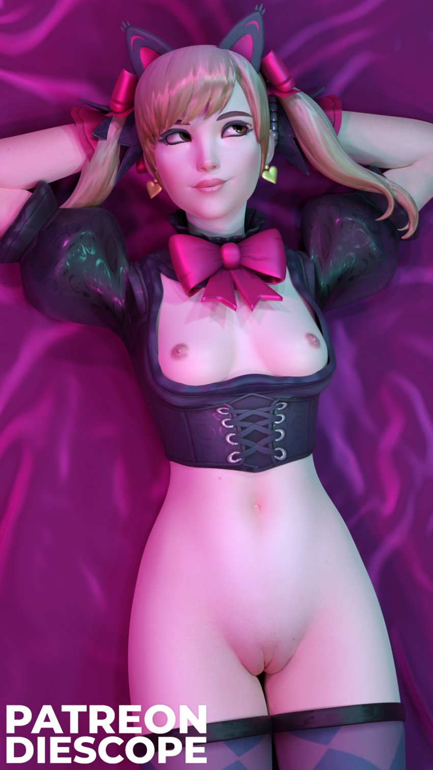 1girls 3d ass belly_button black_cat_d.va black_corset bow breasts_out brown_eyes brown_hair cat_ears catgirl corset d.va diescope earrings face_markings female female_focus female_only goth goth_girl gothic_lolita korean korean_female lipstick lolita_fashion long_hair looking_away lying lying_on_back lying_on_bed mole navel overwatch perky_nipples petite petite_body petite_breasts petite_female pink_bow pink_sheets pussy shaved_pussy sheets thighhighs tummy young young_female young_woman