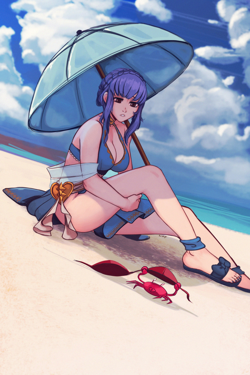 1girls absurdres alternate_costume bangs bare_legs beach bikini blue_bikini blue_hair blue_sandals blue_swimsuit blush braid breasts brown_eyes cleavage crab crown_braid fire_emblem fire_emblem:_three_houses fire_emblem_heroes highres long_hair marianne_von_edmund marianne_von_edmund_(summer) medium_breasts medium_hair nintendo parasol raichiyo33 sand sarong simple_background solo swimsuit umbrella upper_body