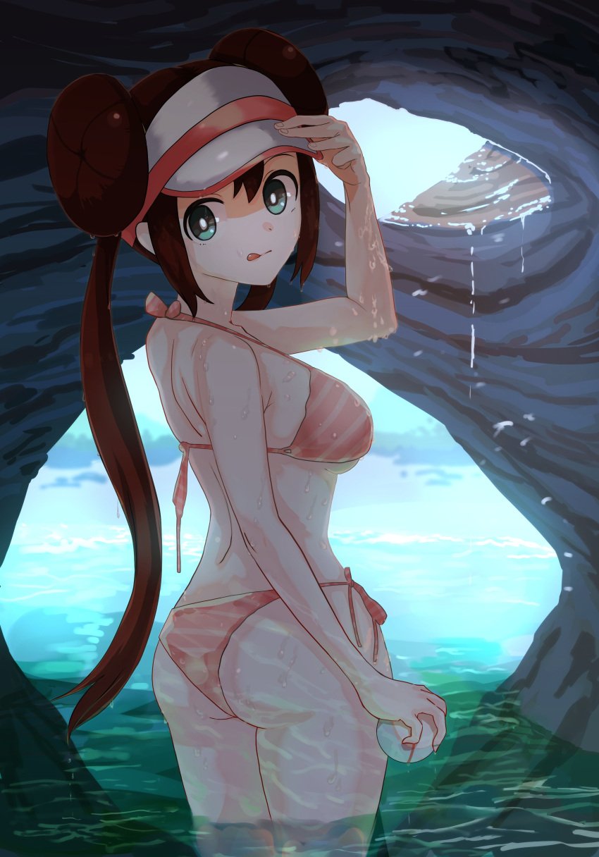 ass bikini breasts brown_hair cap double_bun female female_only green_eyes hat hips holding_poke_ball jyouzenjyakusui legs light-skinned_female light_skin lips long_hair looking_back looking_back_at_viewer nintendo outdoors outside pale-skinned_female pale_skin pink_bikini pink_lips poke_ball pokemon premier_ball rock rosa_(pokemon) shade sky sole_female solo standing sticking_out_tongue swimsuit thighs tongue tongue_out visor_cap water wet_body