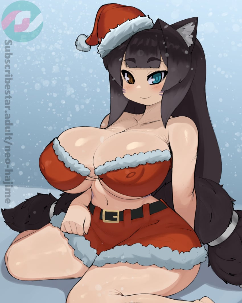 1girls black_hair blue_eye breasts brown_eye cat_ears catgirl christmas cleavage female hat heterochromia huge_breasts light-skinned_female light_skin long_hair neo_hajime original original_character santa_hat thick_thighs