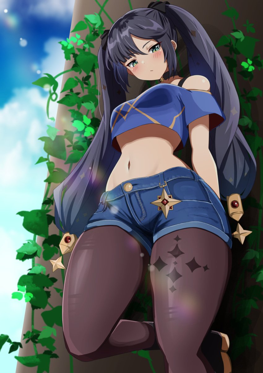 1girls belly big_thighs blush clothing female genshin_impact huge_thighs large_thighs mona_(genshin_impact) navel thick_thighs thighs twintails voluptuous yuzu_kiro