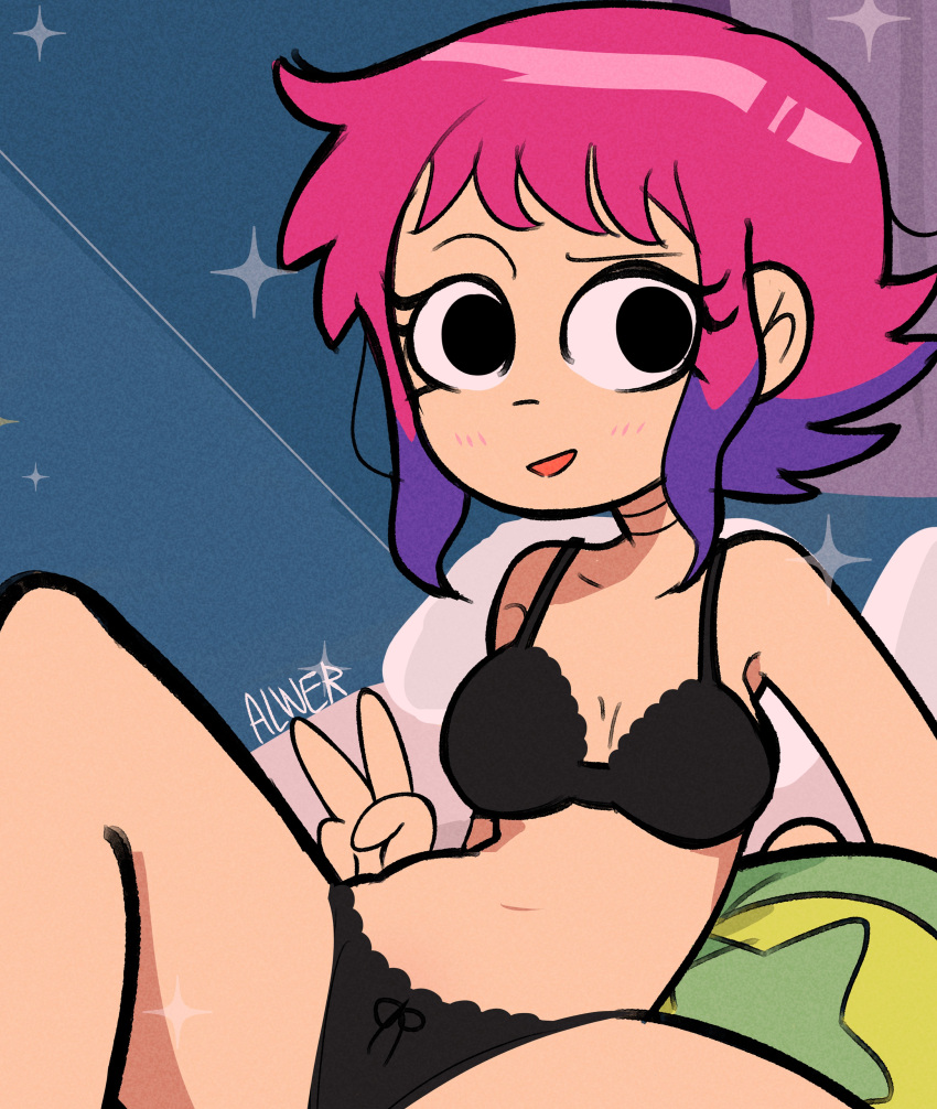 1girls alwer black_eyes black_lingerie black_underwear female lingerie peace_sign pink_hair purple_hair ramona_flowers scott_pilgrim short_hair solo solo_female two_tone_hair underwear