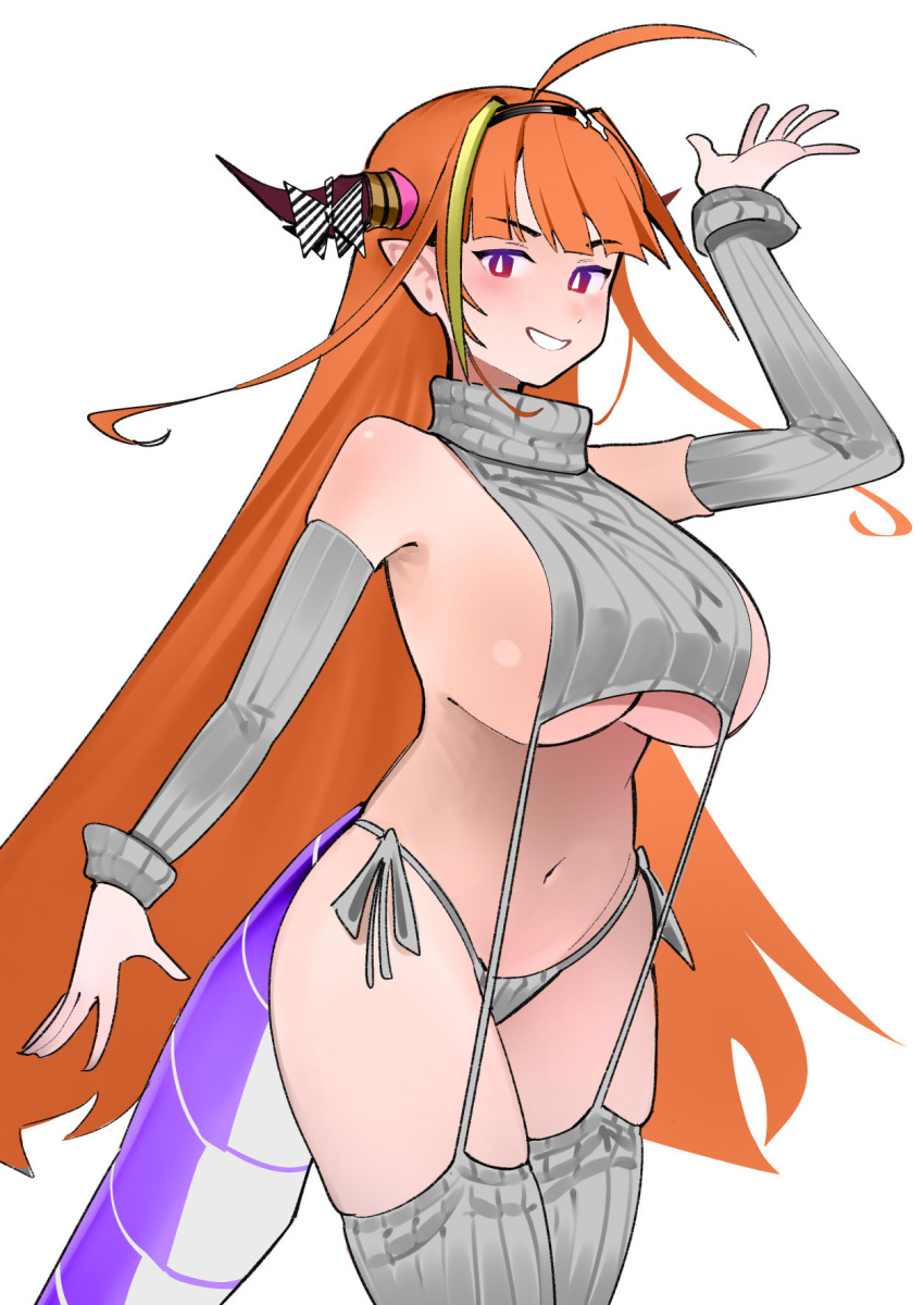 1girls 2023 ahoge big_breasts dismassd dragon_girl female holoforce hololive hololive_japan horn horns hourglass_figure kiryu_coco long_hair midriff navel orange_hair purple_eyes skindentation smile sole_female tagme tail thighhighs underboob virgin_destroyer_sweater virtual_youtuber