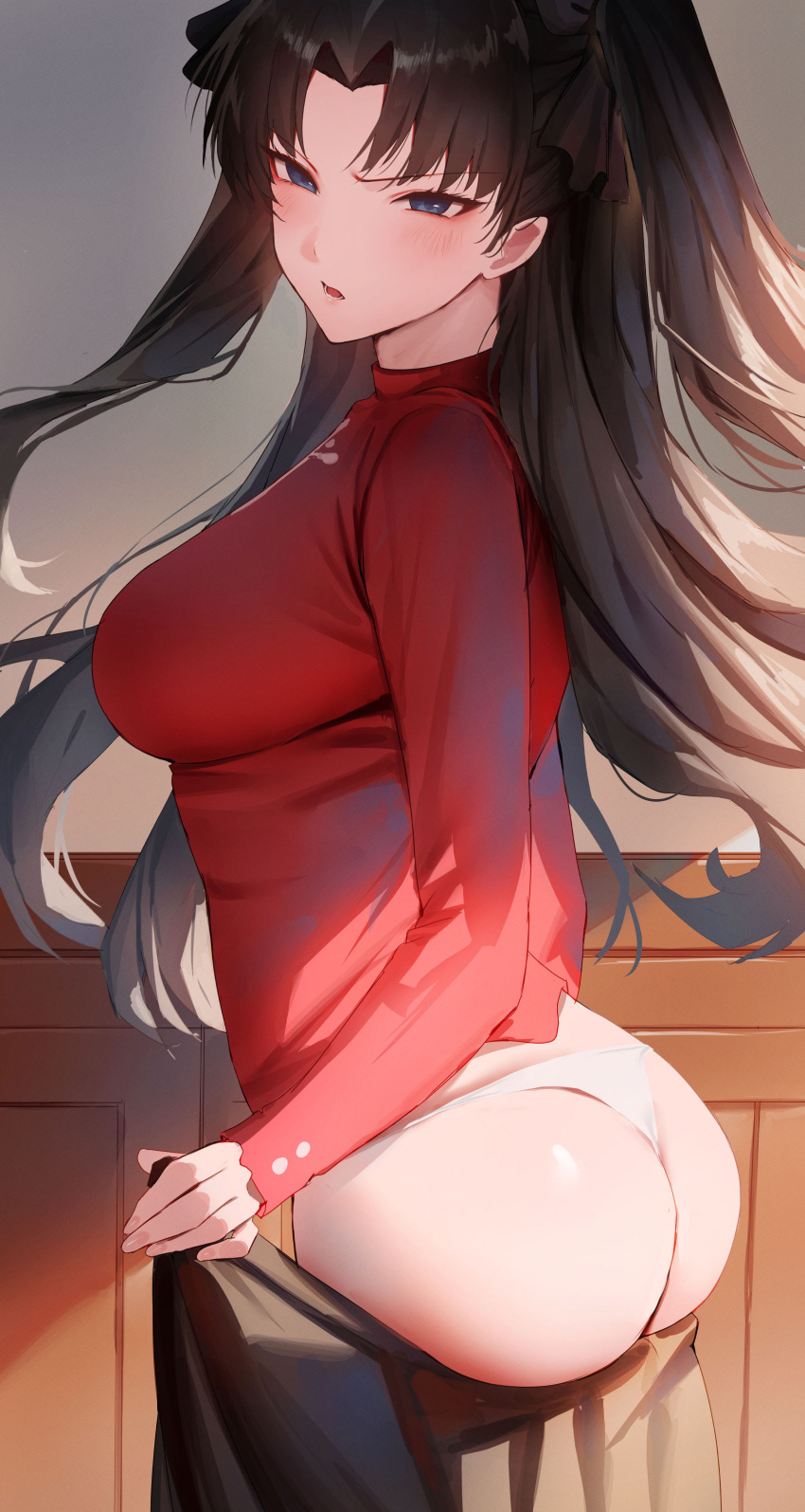 1girls ass blue_eyes breasts brown_hair bubble_butt fate/stay_night fate_(series) female large_ass light-skinned_female light_skin long_hair panties rororo tohsaka_rin