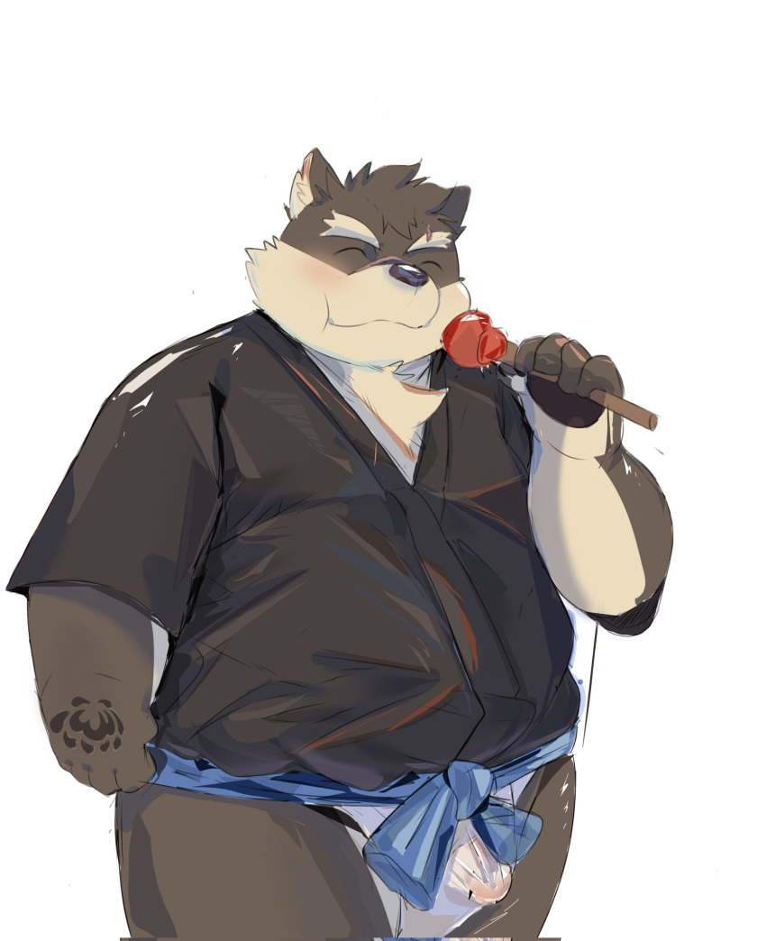 anthro apple asian_clothing belly blush candy candy_apple canid canine canis clothed clothing dessert domestic_dog east_asian_clothing eating erection erection_under_clothing food fruit fundoshi fur grey_body grey_fur hi_res japanese_clothing kimono lifewonders male mammal moritaka overweight plant scar solo tengzai05 tokyo_afterschool_summoners translucent translucent_clothing underwear