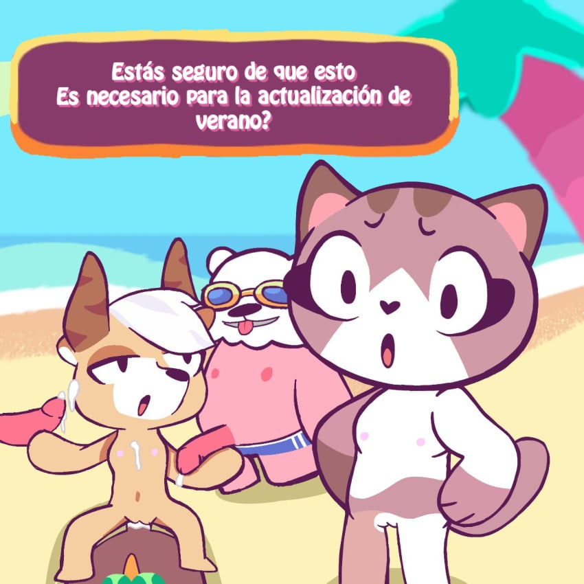 anthro beach cat_ears cum_in_pussy cum_on_breasts cum_on_face deer feline female flat_chest gangbang gigi_(kiki's_vacation) kiki's_vacation kiki_(kiki's_vacation) looking_at_viewer looking_pleasured mobile_game multiple_girls patchi simple_background spanish_text text_bubble vaginal_penetration