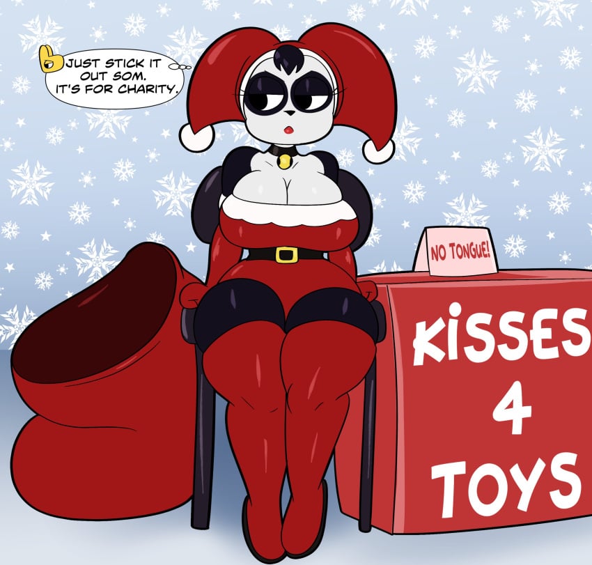 1boy annoyed anthro armwear bell busty_boy chair charity christmas cleavage collar disguise eyelashes eyeless fists_clenched furry hair_tuft hourglass_figure lipstick mascara panda santa_hat sign sitting slim_thick snowflake someth1ng_(someth1ngoranother) someth1ngoranother text thigh_high_boots thighs transformation two_tone_body