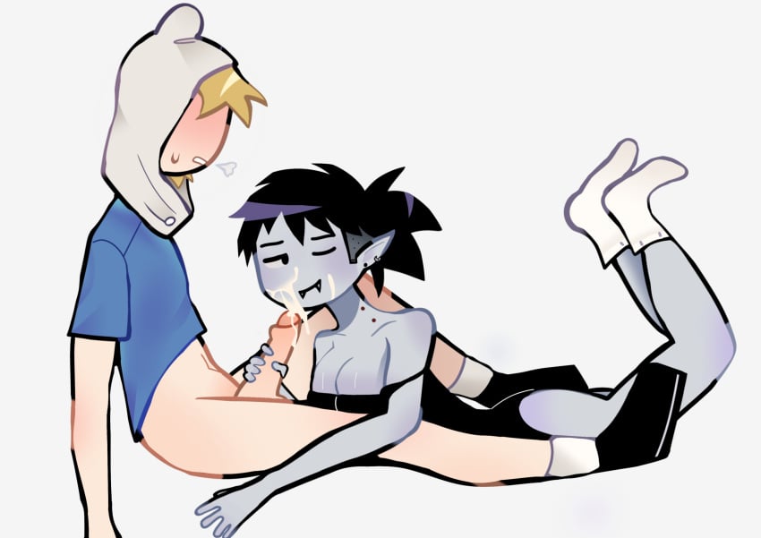 adventure_time black_eyebrows black_eyes black_hair blonde_hair blonde_hair blowjob blush blush character copyright cum_on_face finn_the_human marceline no_pants pale-skinned_female pale_skin vampire vampire_girl vampire_teeth white_body white_skin