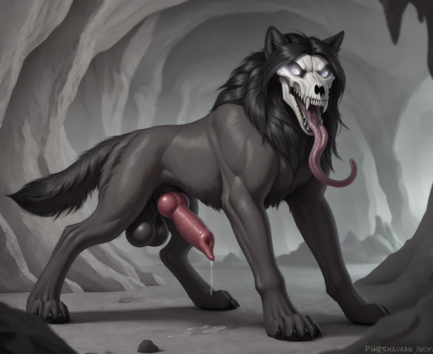 ai_generated angry animal_genitalia animal_penis balls black_body black_fur black_hair bodily_fluids bone canid canine canine_penis canis cave detailed_background dripping dungeon easyfluff_(model) easyfluffv11.2_(model) erection feral fur genital_fluids genitals hair jackalische knot leaking_precum long_tongue mal0 male malo mammal monster muscular muscular_feral muscular_male nude open_mouth paws penis precum precum_drip presenting prompt rock scp-1471 scp-1471-a scp_foundation skull solo teeth tongue underground wolf