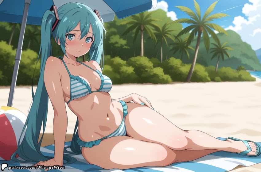 ai_generated areolae ass big_ass bikini blush breasts cameltoe eating feet hatsune_miku long_hair looking_at_viewer medium_breasts micro_bikini mirageart sandals solo solo_focus toenail_polish toes turquoise_eyes turquoise_hair twintails vocaloid