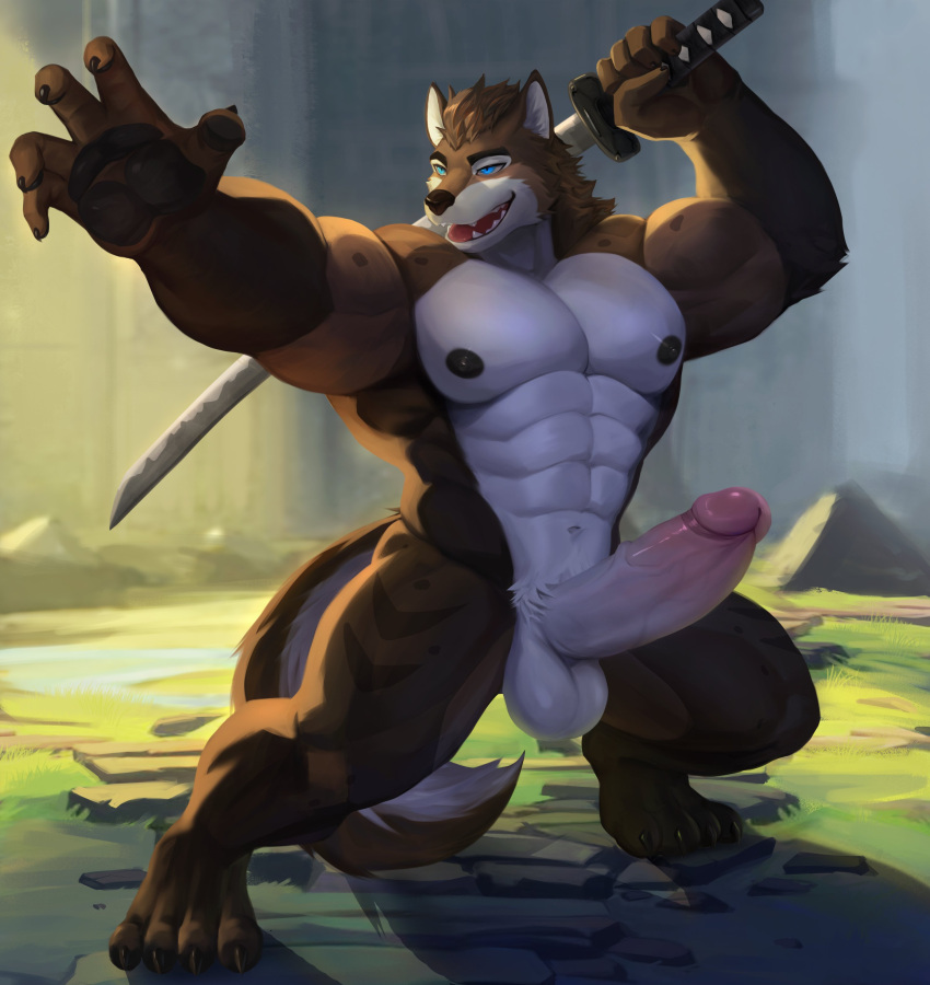 abs absurd_res anthro areola ark_(arkwolf26) balls big_muscles big_penis biped black_areola black_claws black_nipples blue_eyes canid canine canis claws countershading erection fangs foreskin fur genitals glans hi_res holding_object holding_sword holding_weapon huge_muscles humanoid_genitalia humanoid_penis kult2k male male_only mammal melee_weapon multicolored_body multicolored_fur muscular muscular_anthro muscular_male navel nipples nude open_mouth open_smile outside pecs penis pink_glans pose retracted_foreskin smile solo standing sword tail teeth thick_penis tuft two_tone_body two_tone_fur two_tone_tail vein veiny_penis weapon white_penis wolf