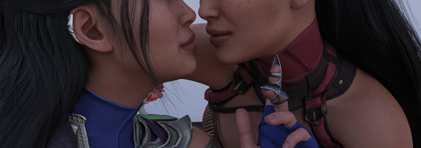 2girls 3d almost_kissing black_hair clone clonecest closed_mouth cute edenian female female_only femdom finger_claws freckles fully_clothed hi_res hidden_face human imminent_kiss incest kissing kissing kitana kiteena long_hair mileena mortal_kombat mortal_kombat_1_(2023) ponytail princess rayalterego23 royalty sisters temptation tempting yuri