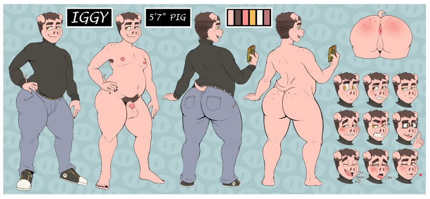 absurd_res animal_humanoid anus armpit_hair ass ass_up balls belly belt belt_buckle big_balls big_belly big_bulge big_butt blush blush_lines blush_stickers blushing_profusely body_hair bottomwear bulge chubby_anthro chubby_belly chubby_cheeks chubby_humanoid chubby_male clothed clothed/nude clothed_anthro clothing colored_nails converse_shoes denim denim_bottomwear denim_clothing domestic_pig electronics eyewear floppy_ears freckles freckles_on_butt freckles_on_face freckles_on_shoulders genitals glasses hair hi_res humanoid iggy_(zenarator) jeans male male_only mammal mammal_humanoid model_sheet nails nerd nipples nude pants penis phone phone_screen pig_humanoid pig_nose presenting presenting_hindquarters pubic_fuzz short_hair short_tail size_difference slightly_chubby small_penis smaller_male smile snout suid suid_humanoid suina suina_humanoid sus_(pig) sweater tail thick_thighs tooth_gap topwear turtleneck wide_hips zenarator_(artist)