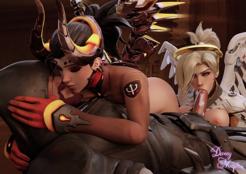 3d blowjob cum_in_mouth darcy_mcphie devil_horns devil_mercy exposed_breasts kissing lowres mercy overwatch overwatch_2 reaper