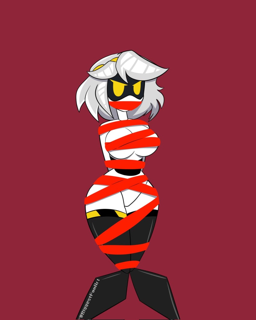 1girls 2023 angry biggestfanart breasts disassembly_drone female female_only glitch_productions mad medium_breasts murder_drones red_background robot robot_girl short_hair thick_thighs tied_up v_(murder_drones) white_hair wrapped_up yellow_eyes