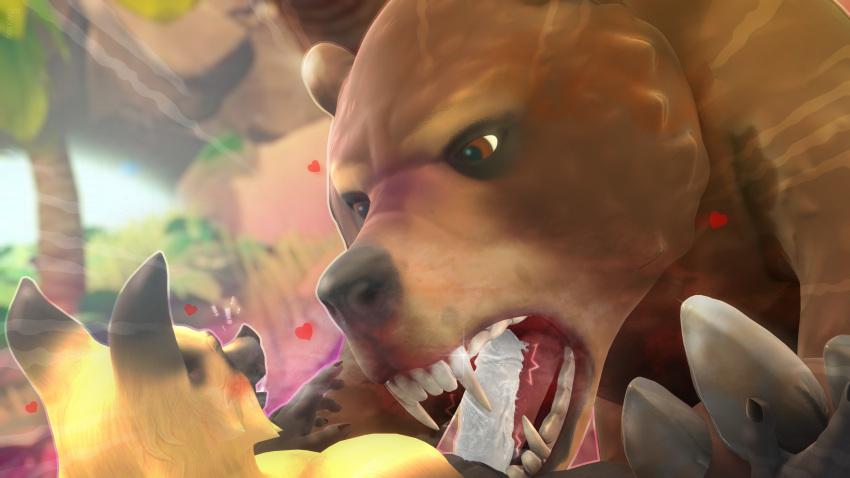 3d_(artwork) absurd_res ambiguous_gender anthro bat bear blender_(software) bodily_fluids brown_bear brown_eyes brown_hair claws digital_media_(artwork) duo exclamation_point fangs fellatio feral genitals hair heart hi_res male male/ambiguous mammal nature nature_background oral ovis_wooloo penile penis penis_in_mouth penis_on_tongue raft_(video_game) saliva saliva_on_penis sex teeth ursine white_penis