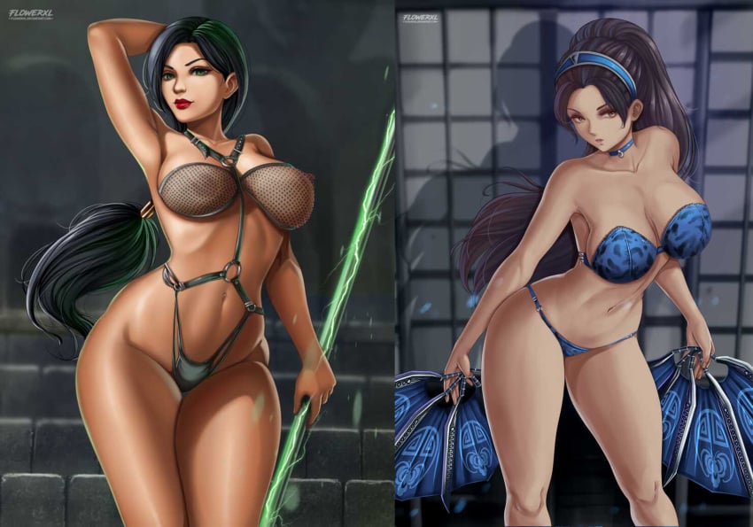 2girls athletic_female big_breasts black_hair bra brown_eyes cleavage female_abs female_only fit_female flowerxl green_eyes jade_(mk9) jade_(mortal_kombat) kitana kitana_(mk9) lingerie midway_games mortal_kombat mortal_kombat_(2011) panties pin_up underwear