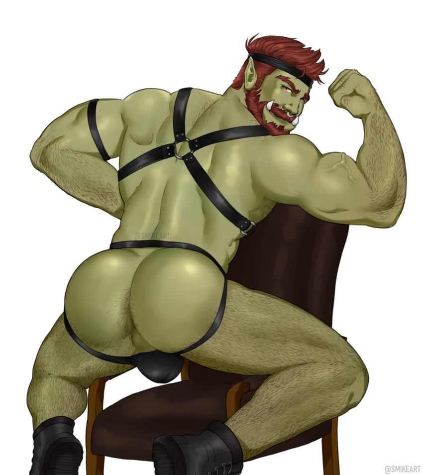 ass balls bara beard bulge facial_hair flexing green_body green_skin harness male male_only muscles muscular orc penis smikeart solo solo_male