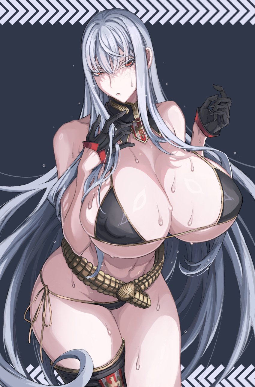 artist_request black_bikini curvaceous curvy gloves huge_breasts long_hair looking_at_viewer mature_female micro_bikini milf nipple_outline plump red_eyes selvaria_bles side-tie_panties swimsuit thick_thighs valkyria_chronicles valkyria_chronicles_1 voluptuous wet wet_body white_hair