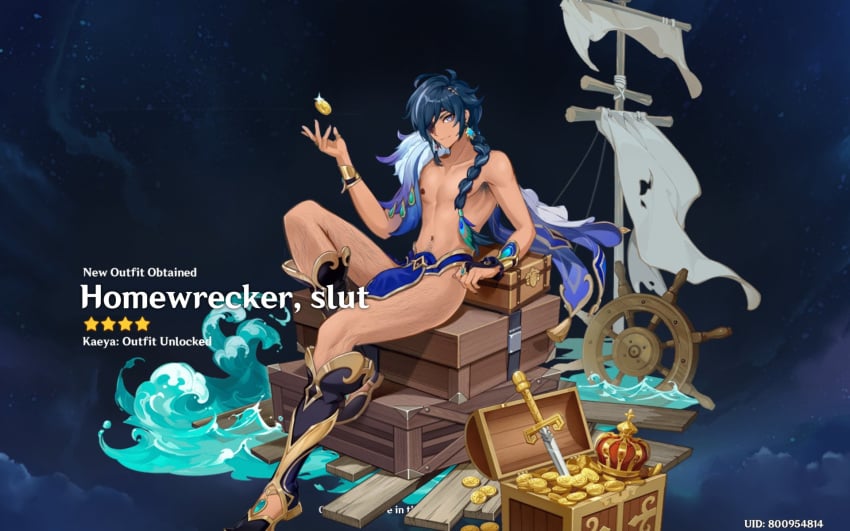 1boy armpit_hair blue_hair boots braided_hair coin crown dark_skin earring edit eyepatch genshin_impact half_naked happy_trail kaeya_(genshin_impact) leg_hair male male_only scissor_w_gwen screenshot_edit smile solo sword tan_body treasure water