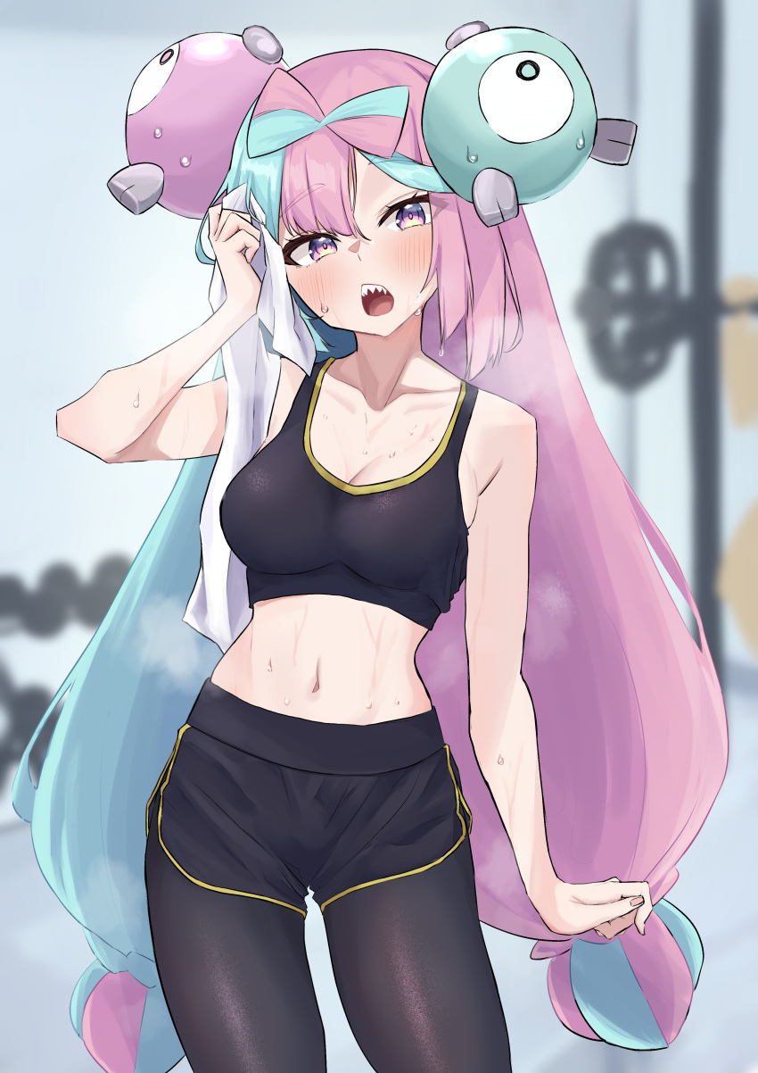 1girls black_bra black_shorts black_sports_bra blue_hair bra breasts gym hair_ornament iono_(pokemon) kohaku_teru large_breasts long_hair looking_at_viewer midriff multicolored_hair navel nintendo pink_eyes pink_hair pokemon pokemon_sv shorts sports_bra sweating towel weights wiping_sweat