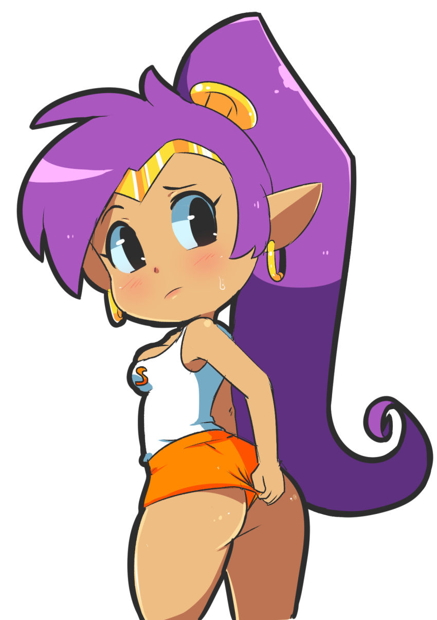 1girls adjusting_clothes black_eyes breasts earrings employee_uniform hearlesssoul hoop_earrings hooters hooters_uniform medium_breasts orange_shorts ponytail purple_hair shantae shantae_(character) short_shorts shorts tank_top tiara waitress waitress_uniform white_tank_top