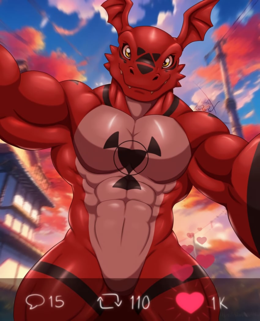 anthro artist_request bandai_namco cloudscape cute_fangs detailed_background digimon digital_media face_markings featureless_crotch guilmon happy head_wings hi_res highres japanese_building looking_at_viewer male male_only muscular muscular_male no_clothes nude red_body selfie smile social_media solo two_tone_body