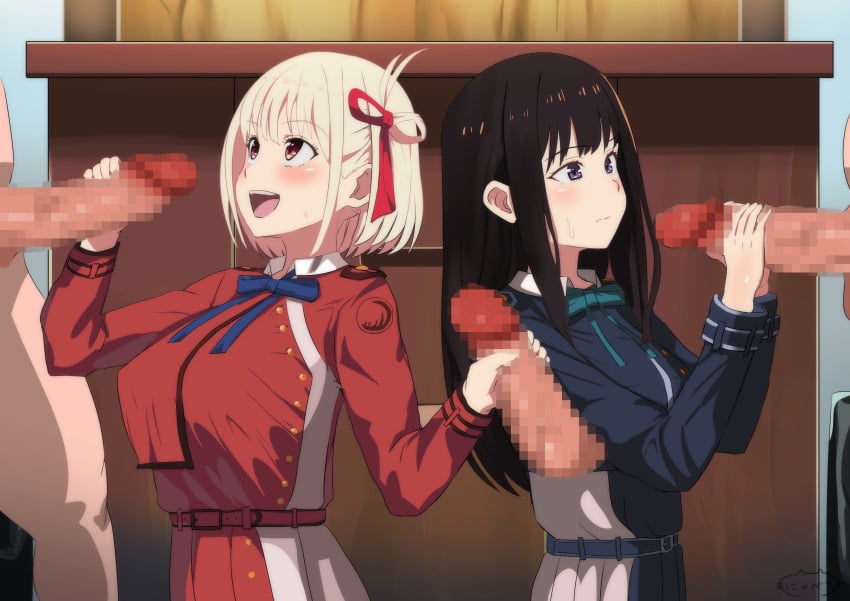 2girls 3boys belt black_hair blonde_hair blue_belt blue_bow blue_bowtie blue_dress blue_ribbon blunt_bangs blush bob_cut bow bowtie breasts censored closed_mouth clothed_female_nude_male double_handjob dress erection green_ribbons group_sex hair_ribbon hairbow handjob highres indoors inoue_takina large_breasts long_hair looking_at_another looking_at_penis lycoris_recoil lycoris_uniform medium_breasts mosaic_censoring multiple_boys multiple_girls neck_ribbon nishikigi_chisato nude nyabechi open_mouth out_of_frame penis purple_eyes red_belt red_bow red_dress red_eyes red_ribbon ribbon short_hair smile two-handed_handjob two-tone_dress