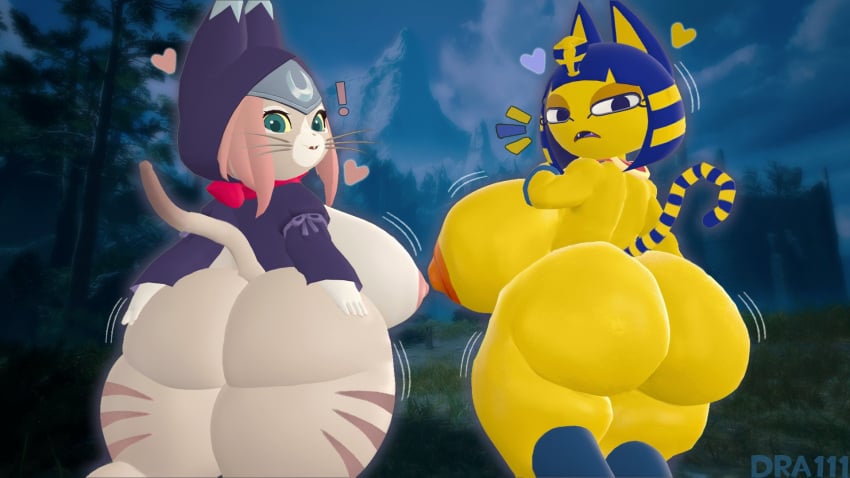 2girls 3d 3d_(artwork) animal_crossing ankha ass_focus backboob big_ass big_breasts casual casual_nudity cat_girl dra111_(artist) dragon316 feline female female_only huge_ass huge_breasts monster_hunter nintendo nude shortstack tsukino_(monster_hunter_stories) yuri