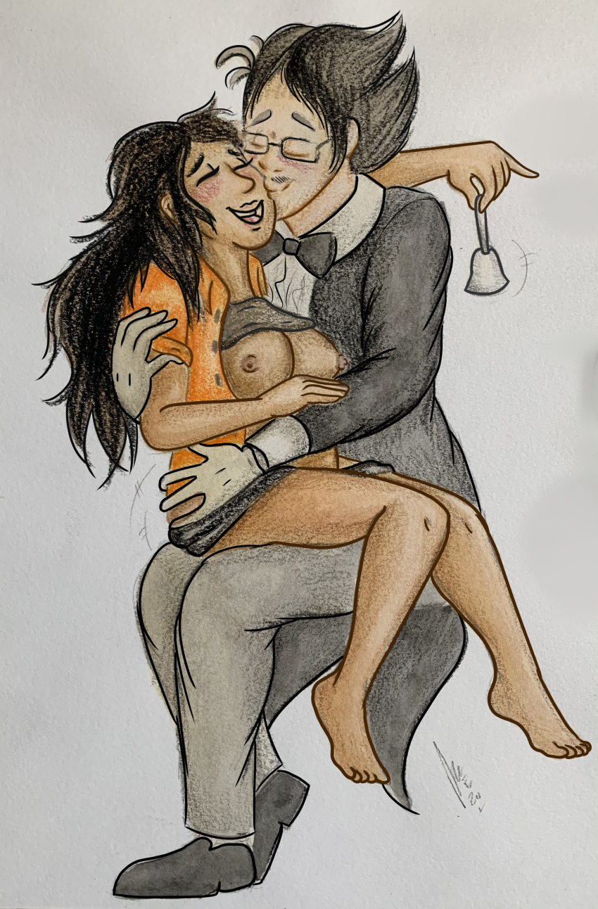 1boy 1girls belly black_hair blush butler butler_uniform closed_eyes clothing d-7267 d-class dark-skinned_female dark_skin exposed_breasts female happy implied_sex light-skinned_male light_skin long_hair male scp-662 scp_foundation sitting traditional_media traditional_media_(artwork) wholesome