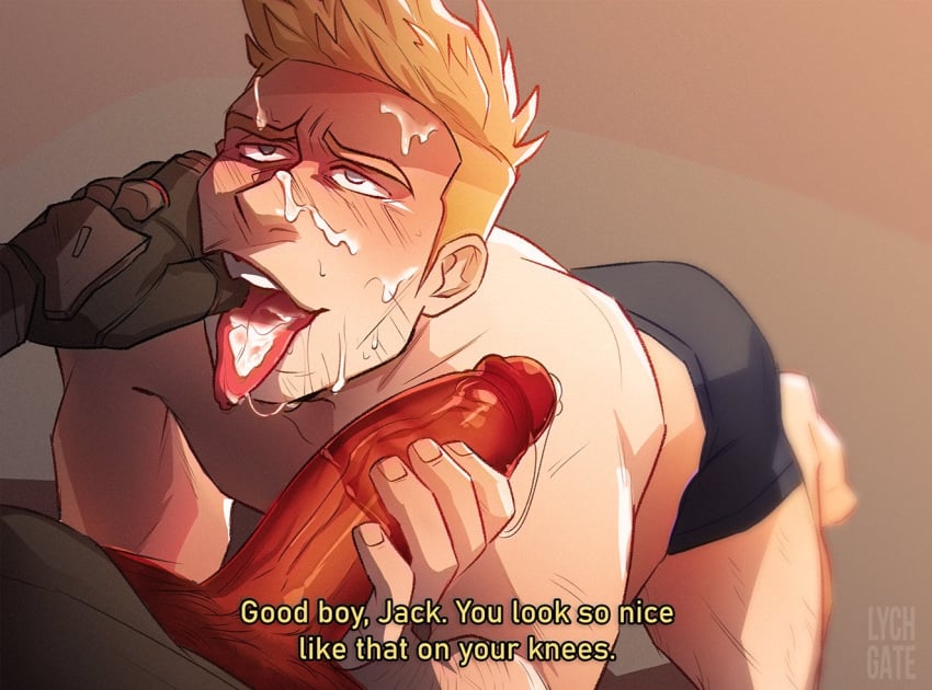 balls big_penis blonde_hair blue_eyes blush boner cocky cum cum_drip cum_in_mouth cum_on_face dickgate dripping_cum erection finger_in_mouth gabriel_reyes gay gay_sex jack_morrison kneeling lychgate male male_only mouth_hold mouth_open muscles muscular on_knees overwatch overwatch_2 penis reaper soldier_76 submissive_male text tongue tongue_out underwear verbal verbal_domination