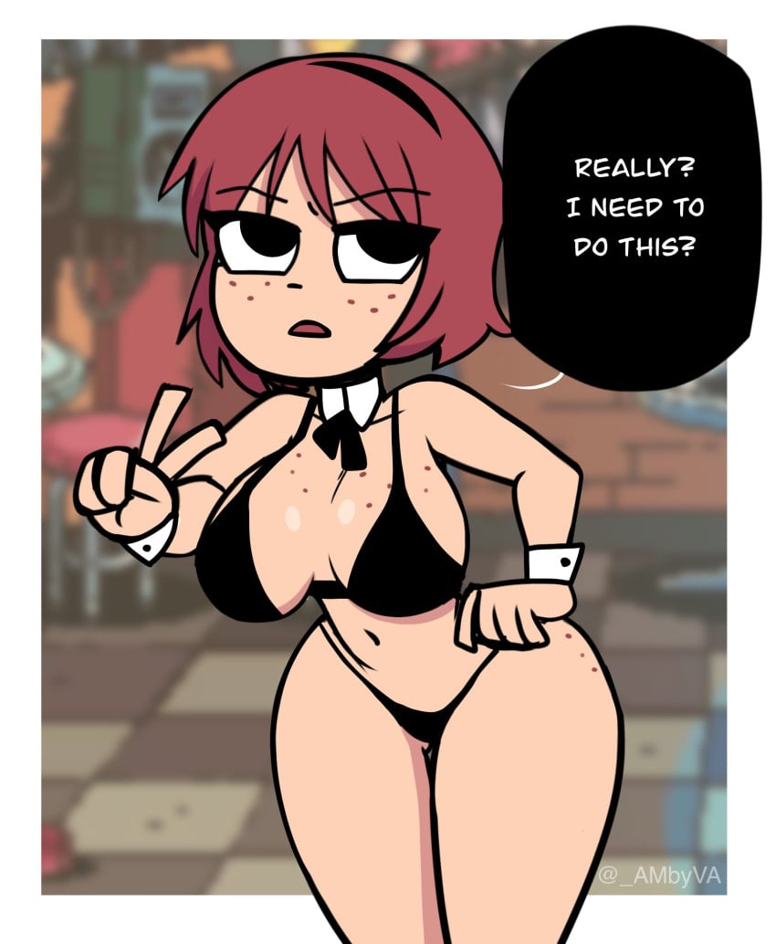 1girls ambyva black_eyes black_underwear female freckles freckles_on_ass freckles_on_breasts freckles_on_face hairband hand_on_hip kim_pine panties peace_sign red_hair scott_pilgrim short_hair solo solo_female underwear