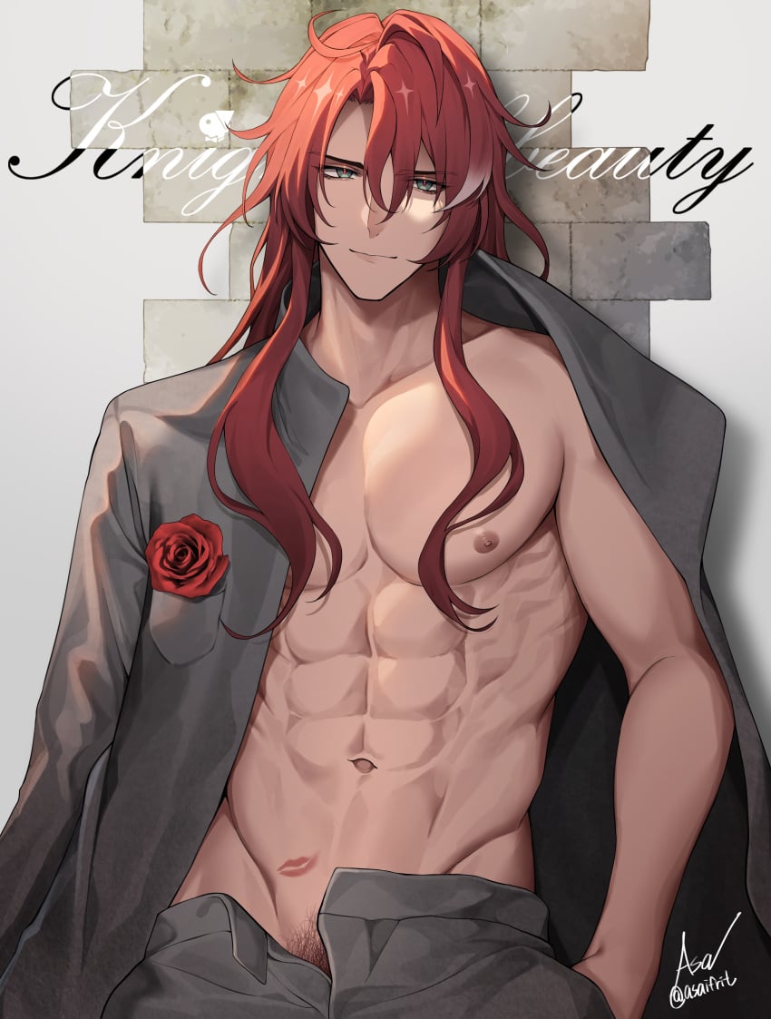 1boy abs argenti_(honkai:_star_rail) asaifrit cover_page gay happy_trail honkai:_star_rail kiss_mark long_hair male male_only muscular muscular_male pubic_hair red_hair rose solo undone_shirt unzipped_pants