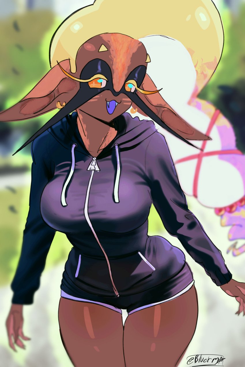 2023 background black_eyelashes black_jacket bluerm brown_body brown_skin dark-skinned_female dark_skin digital_media_(artwork) frye_(splatoon) full_body full_color hi_res illustration inkling jacket looking_at_viewer multicolored_hair open_mouth park pointy_ears pointy_teeth pseudo_hair short_pants splatoon splatoon_(series) splatoon_3 yellow_eyebrows yellow_eyelashes yellow_eyes yellow_hair zipper