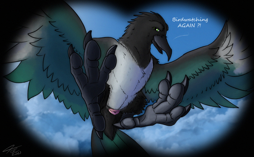 2023 4_toes ambiguous_gender animal_genitalia anisodactyl ass avian avian_butt avian_feet beak binoculars bird black_body black_feathers claws cloaca cloud corvid dialogue digital_media_(artwork) english_text eurasian_magpie feathered_wings feathers feet feral flying fol foot_focus genitals green_eyes hi_res holarctic_magpie looking_at_viewer magpie_(corvid) male_(lore) open_mouth oscine outside passerine pink_cloaca presenting simple_background sky smile soles solo tail talking_to_viewer talons text toe_claws toes white_body white_feathers wings