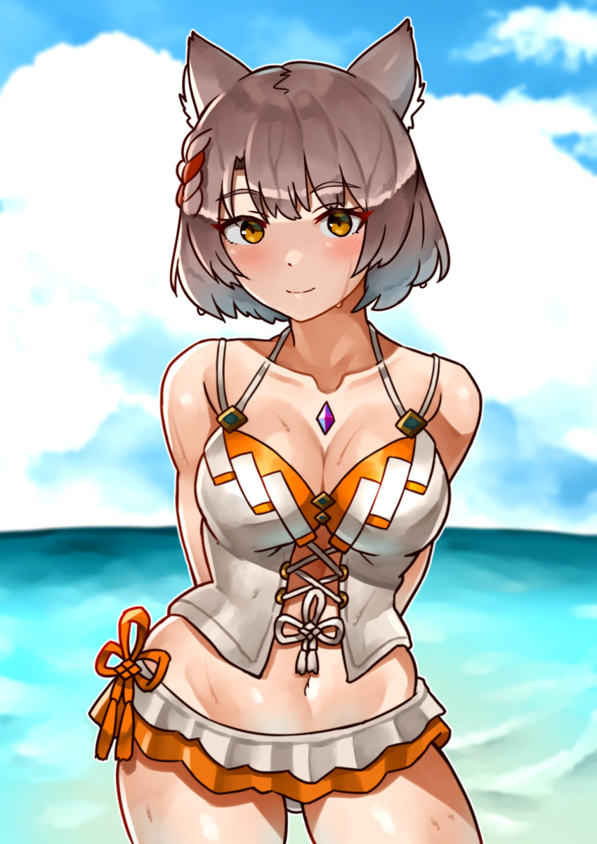 2d_(artwork) arms_behind_back beach bikini catgirl core_crystal hourglass_figure looking_at_viewer medium_breasts midriff mio_(xenoblade) oniisan02b orange_skirt sweat swimsuit wide_hips xenoblade_(series) xenoblade_chronicles_3 yotsuhauni