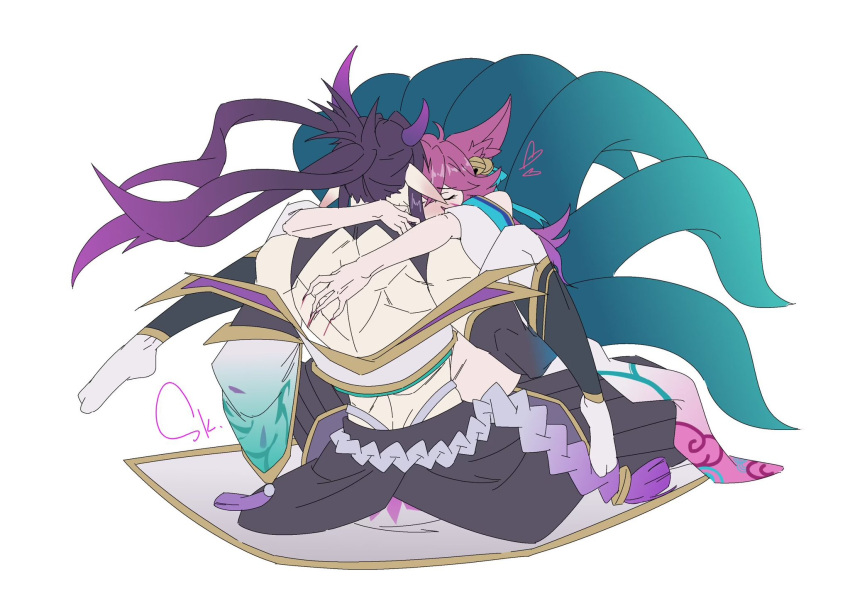 ahri blush female fox_ears fox_tail hair_ornament horns implied_penetration japanese_clothes league_of_legends legs_held_open long_hair male male/female nine_tailed_fox pink_hair purple_hair spirit_blossom_ahri spirit_blossom_series spirit_blossom_thresh thresh vaginal_penetration vaginal_sex